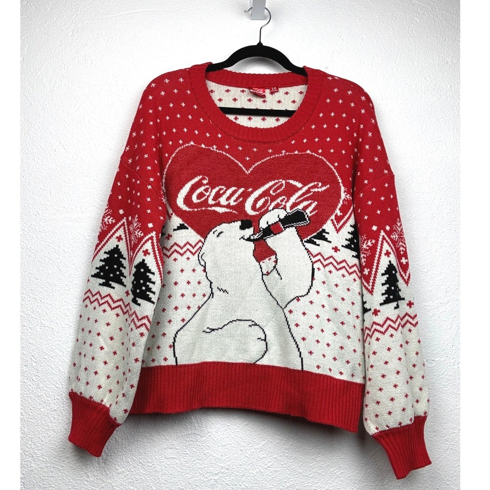 Coca-Cola Red Polar Bear Heart Holiday Knit Sweater - LG - Fair Isle Christmas